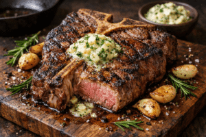 Reverse Seared Elk T-Bone with Garlic Butter - Landscape
