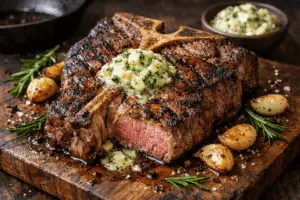 Reverse Seared Elk T-Bone with Garlic Butter - Landscape